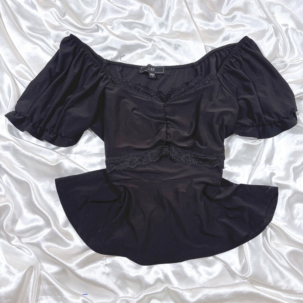 y2k Peplum Top Black Excellent Lace Trim Ruched Off Shoulder Puff Sleeve Vibe